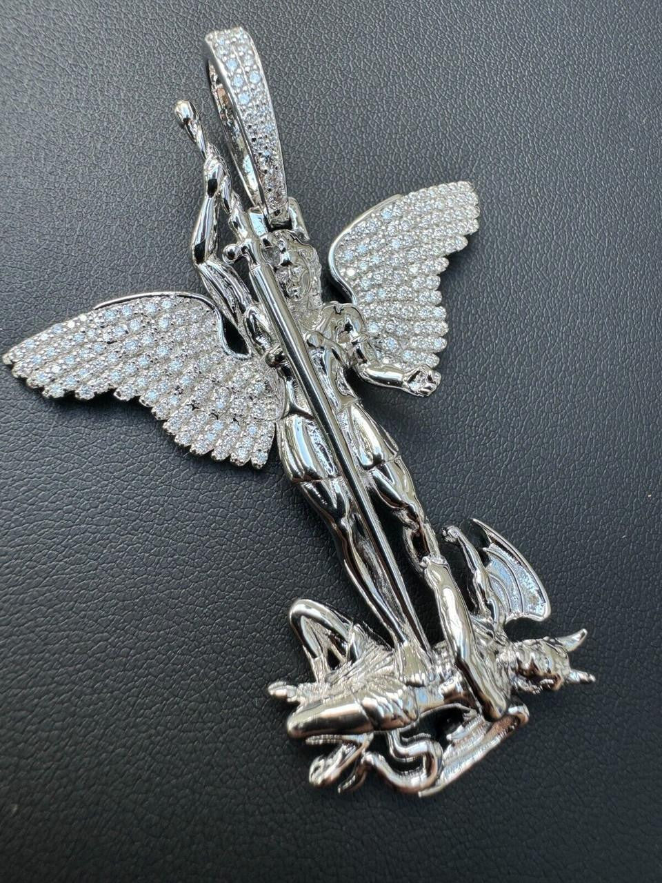 Hip Hop MOISSANITE Artwork Saint St Michael Slaying Dragon Archangel Pendant - 925 Silver - 3 Sizes 1"-3"