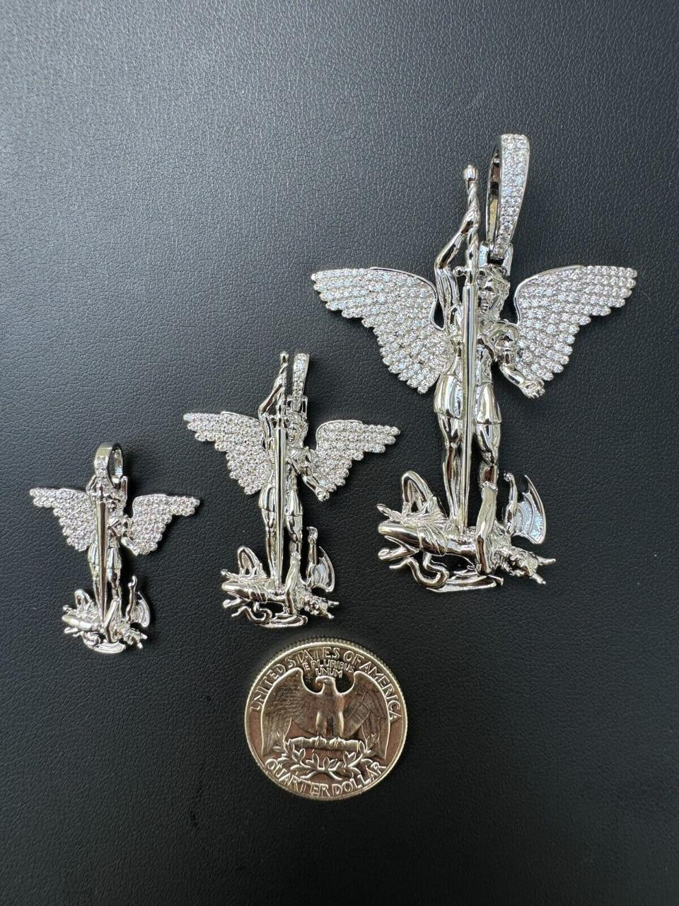 Hip Hop MOISSANITE Artwork Saint St Michael Slaying Dragon Archangel Pendant - 925 Silver - 3 Sizes 1"-3"