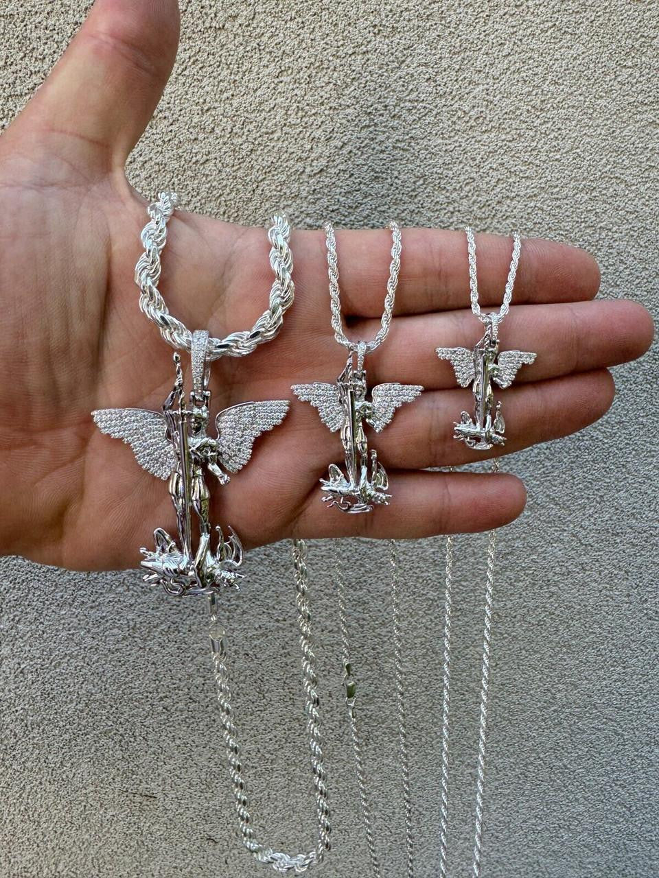 Hip Hop MOISSANITE Artwork Saint St Michael Slaying Dragon Archangel Pendant - 925 Silver - 3 Sizes 1"-3"