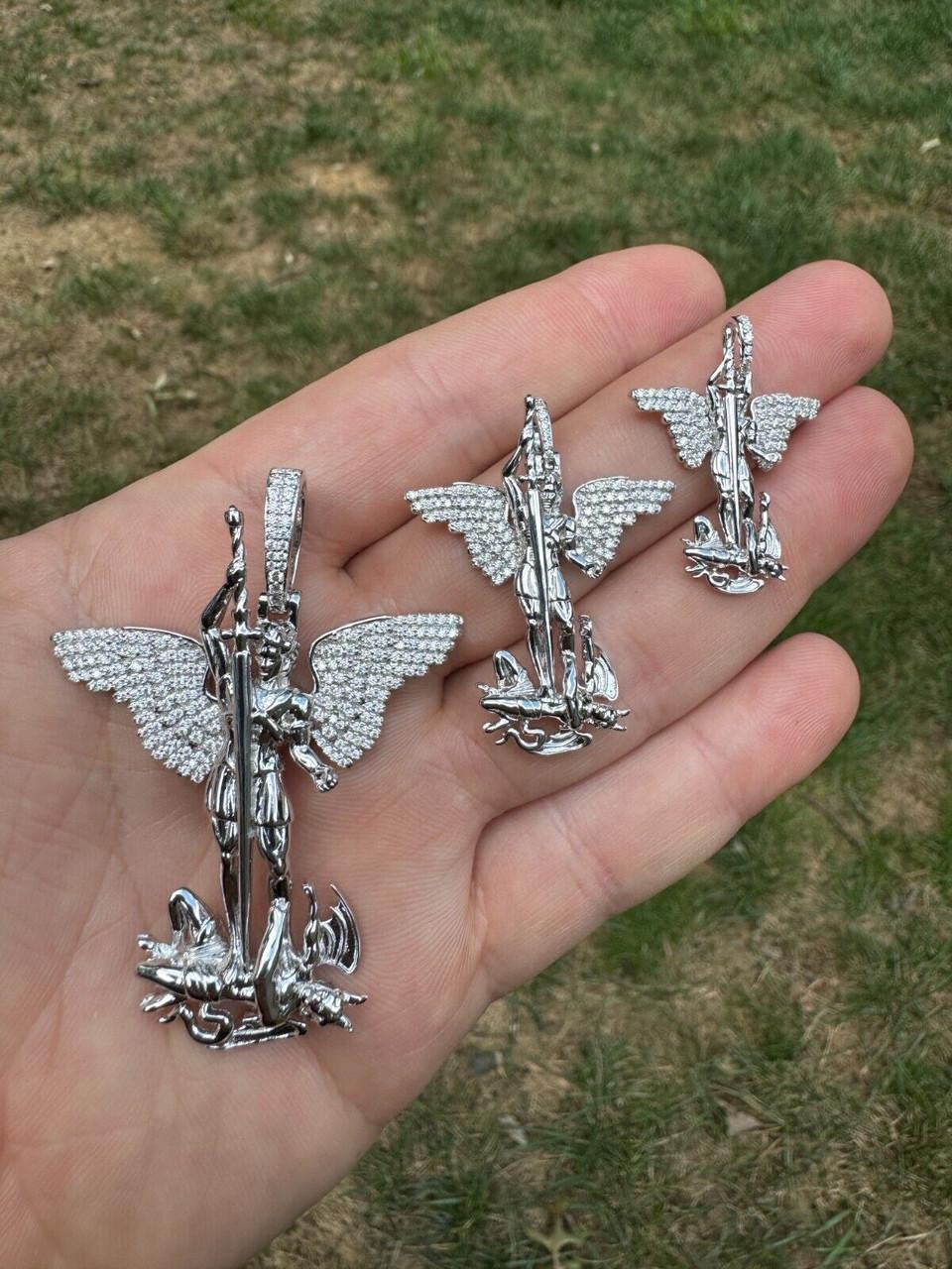 Hip Hop MOISSANITE Artwork Saint St Michael Slaying Dragon Archangel Pendant - 925 Silver - 3 Sizes 1"-3"