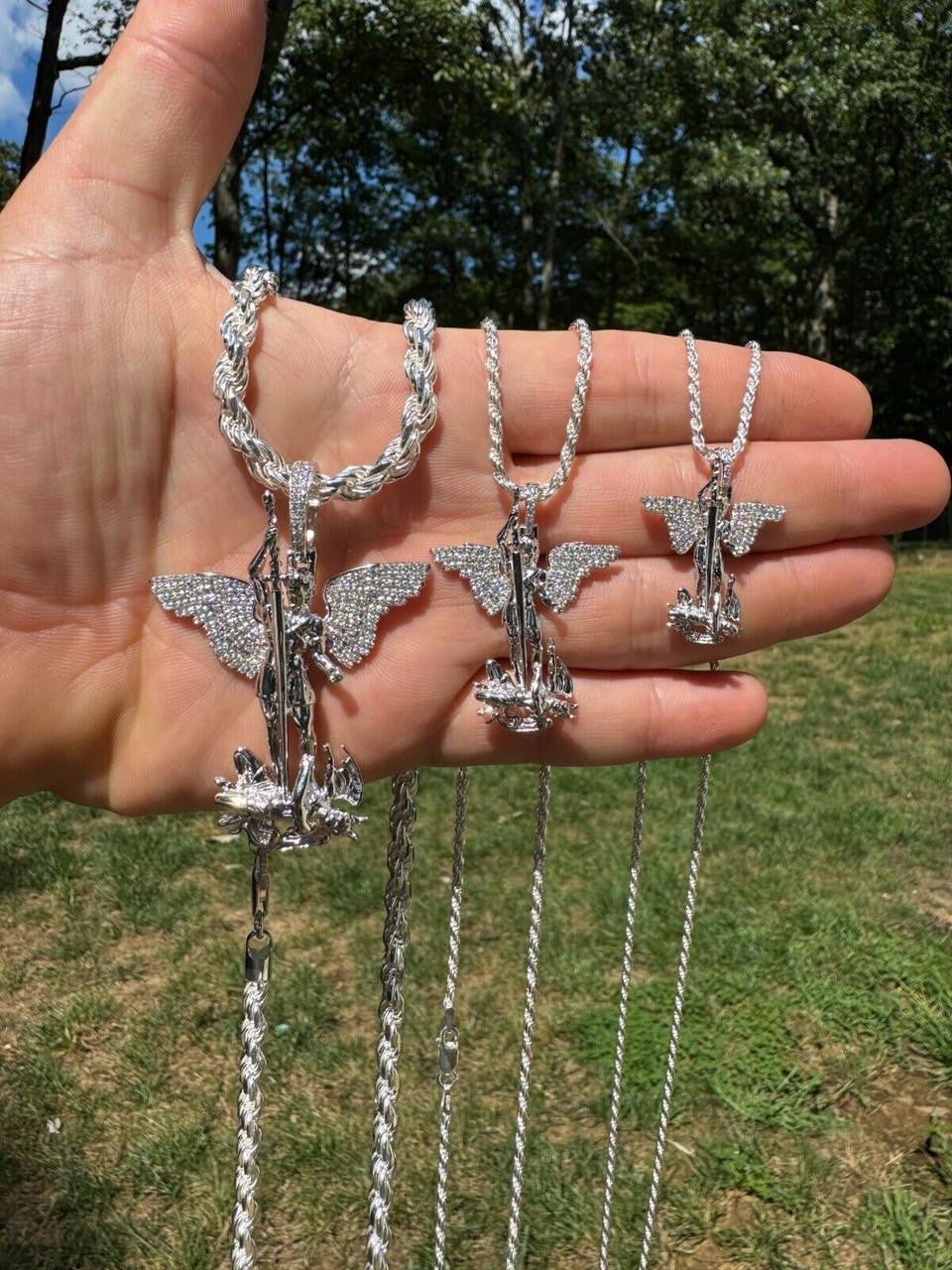 Hip Hop MOISSANITE Artwork Saint St Michael Slaying Dragon Archangel Pendant - 925 Silver - 3 Sizes 1"-3"