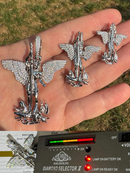 Hip Hop MOISSANITE Artwork Saint St Michael Slaying Dragon Archangel Pendant - 925 Silver - 3 Sizes 1"-3"