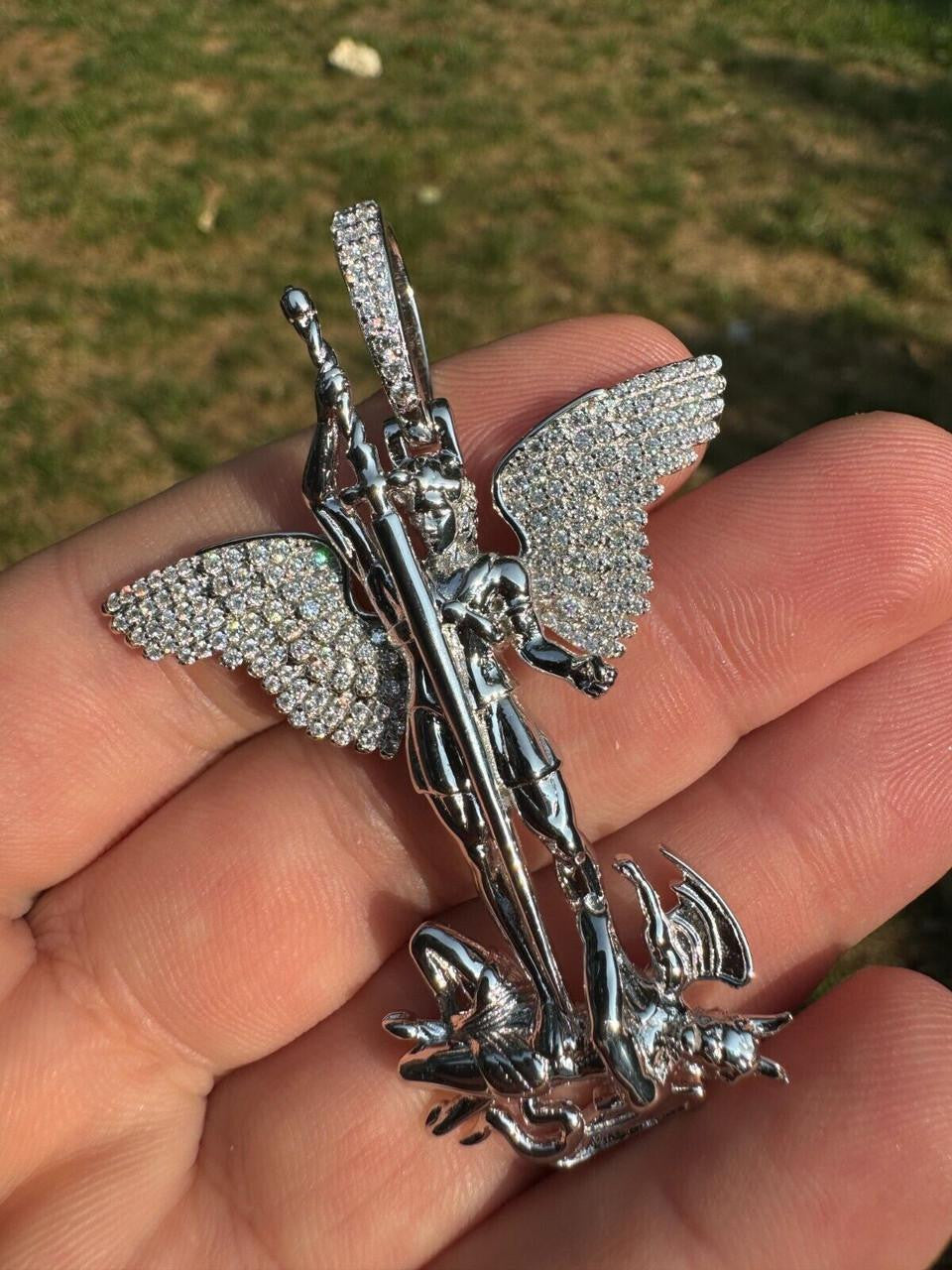 Hip Hop MOISSANITE Artwork Saint St Michael Slaying Dragon Archangel Pendant - 925 Silver - 3 Sizes 1"-3"