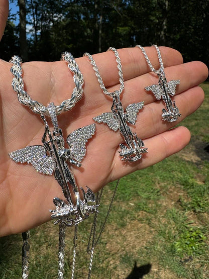 Hip Hop MOISSANITE Artwork Saint St Michael Slaying Dragon Archangel Pendant - 925 Silver - 3 Sizes 1"-3"