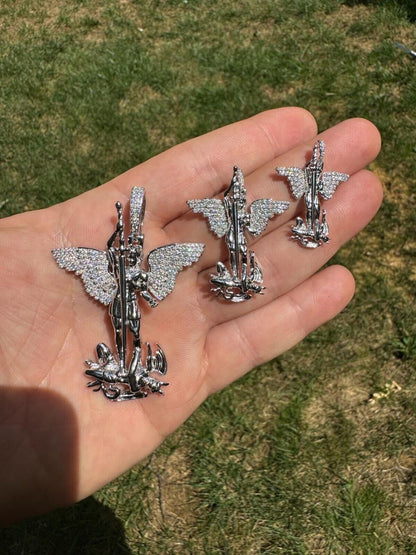 Hip Hop MOISSANITE Artwork Saint St Michael Slaying Dragon Archangel Pendant - 925 Silver - 3 Sizes 1"-3"