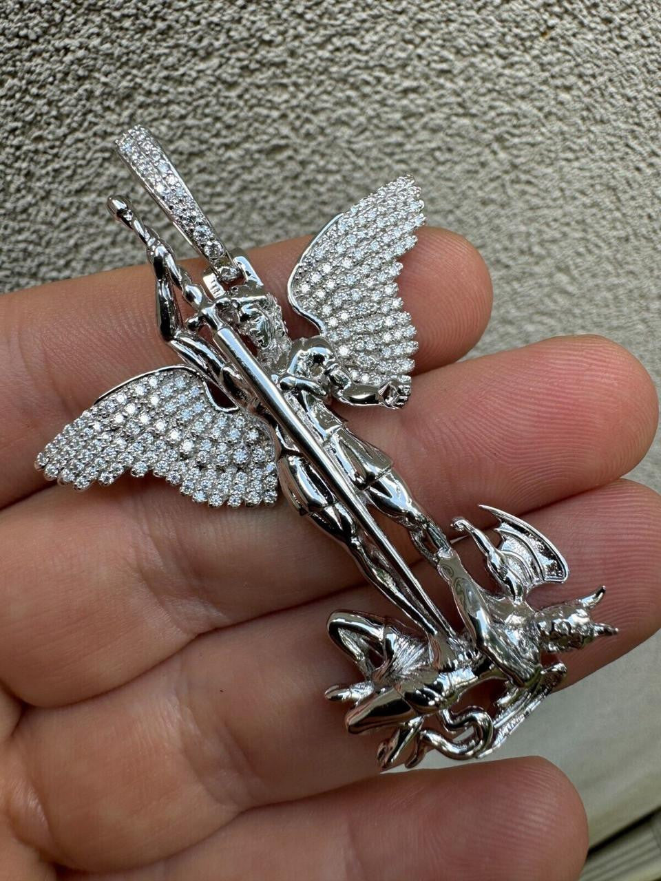 Hip Hop MOISSANITE Artwork Saint St Michael Slaying Dragon Archangel Pendant - 925 Silver - 3 Sizes 1"-3"