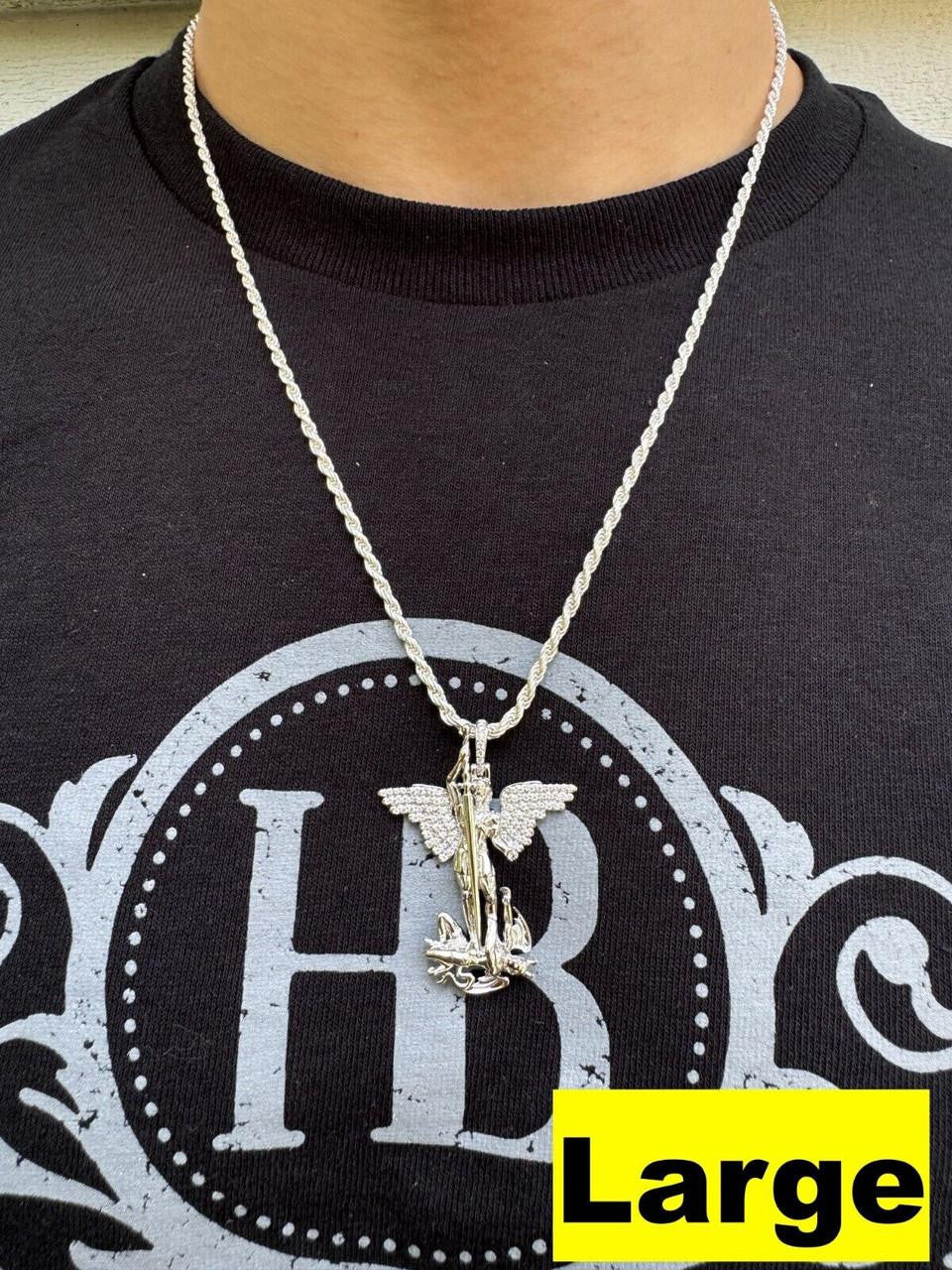 Hip Hop MOISSANITE Artwork Saint St Michael Slaying Dragon Archangel Pendant - 925 Silver - 3 Sizes 1"-3"