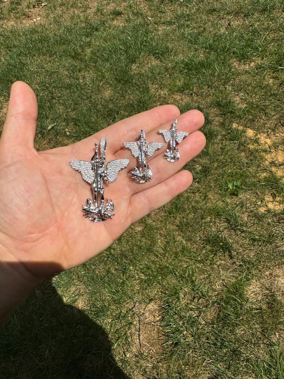 Hip Hop MOISSANITE Artwork Saint St Michael Slaying Dragon Archangel Pendant - 925 Silver - 3 Sizes 1"-3"