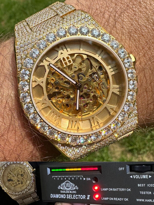 Hip Hop MOISSANITE Automatic Gold Skeleton Watch Mens Real Iced Hip Hop Passes Tester 