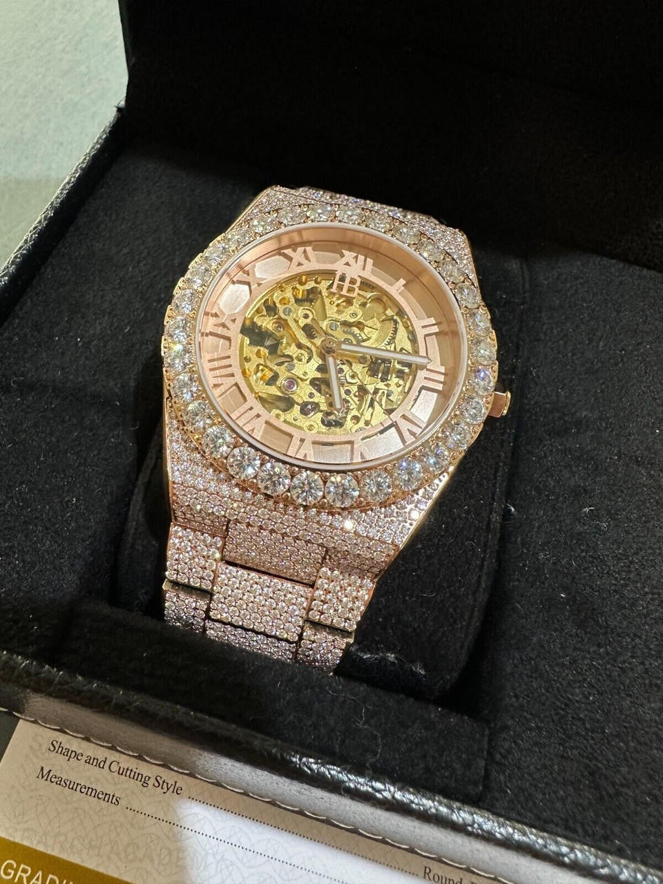 Hip Hop MOISSANITE Automatic Rose Gold Skeleton Watch Mens Real Iced Hip Hop PassTester