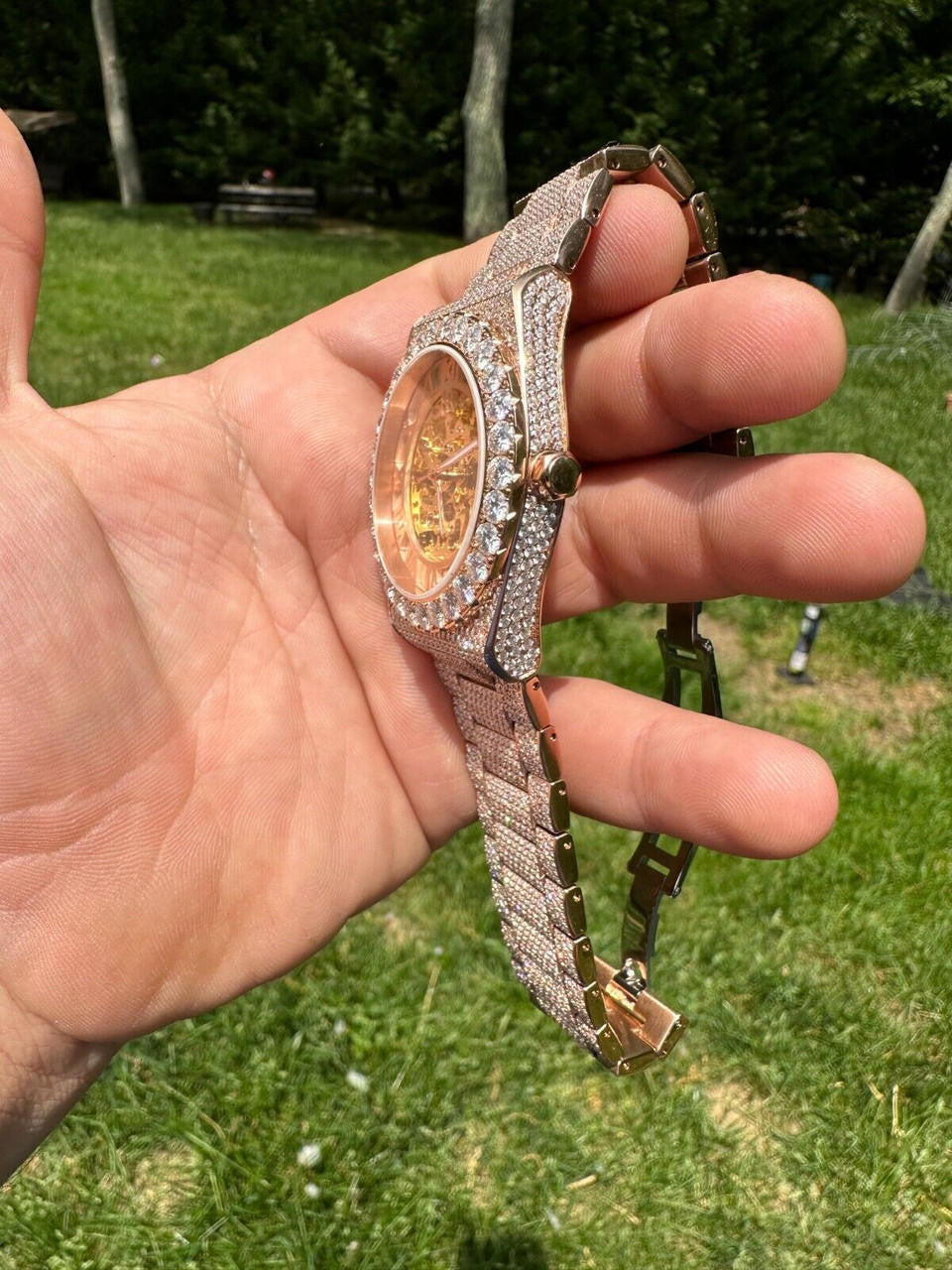 Hip Hop MOISSANITE Automatic Rose Gold Skeleton Watch Mens Real Iced Hip Hop PassTester