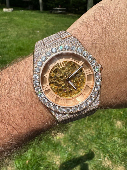 Hip Hop MOISSANITE Automatic Rose Gold Skeleton Watch Mens Real Iced Hip Hop PassTester