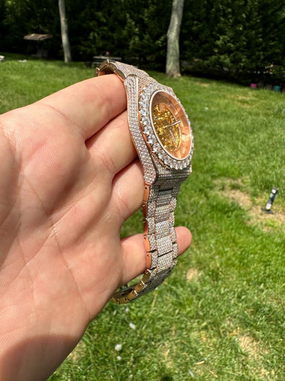 Hip Hop MOISSANITE Automatic Rose Gold Skeleton Watch Mens Real Iced Hip Hop PassTester