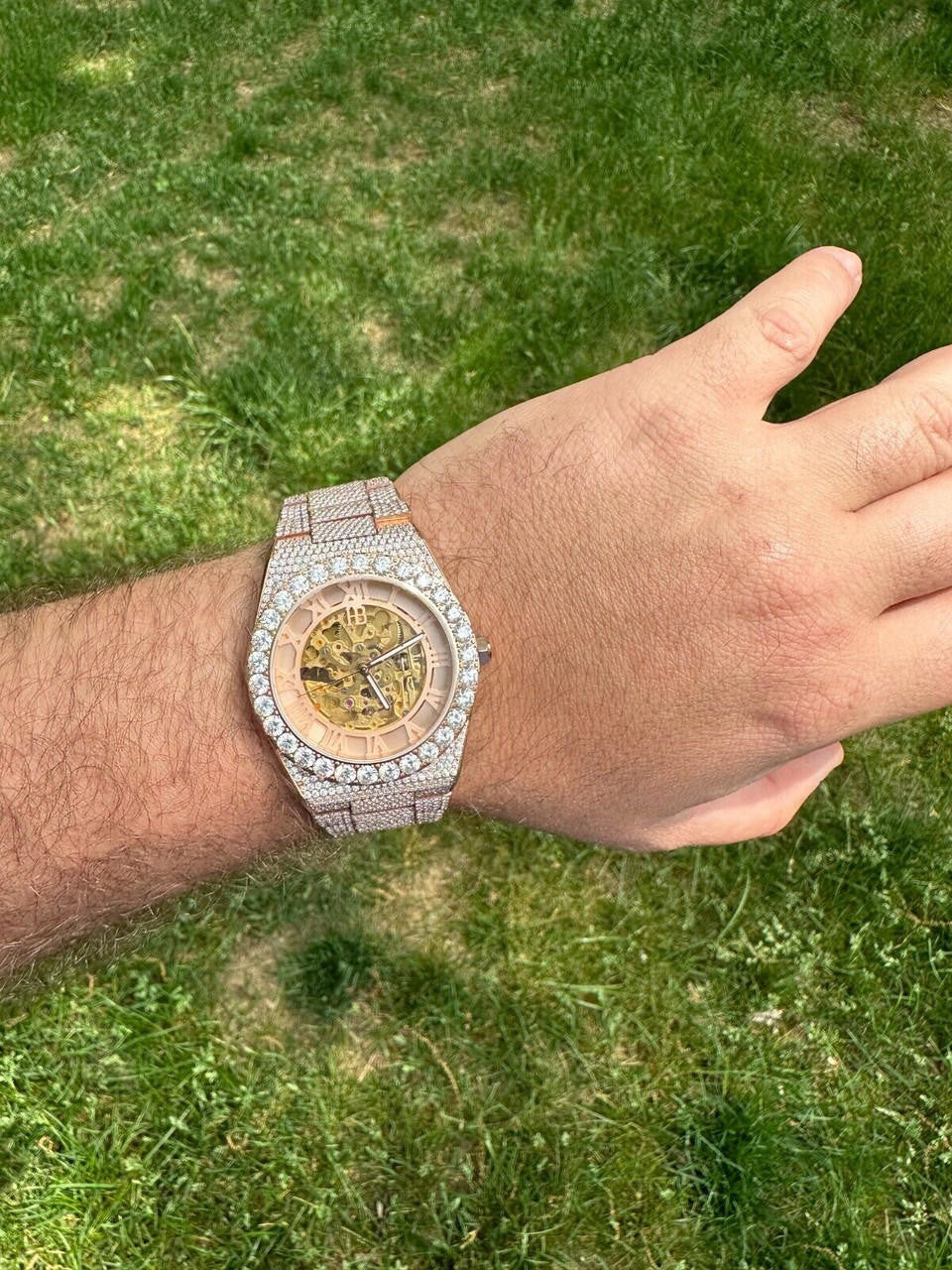 Hip Hop MOISSANITE Automatic Rose Gold Skeleton Watch Mens Real Iced Hip Hop PassTester