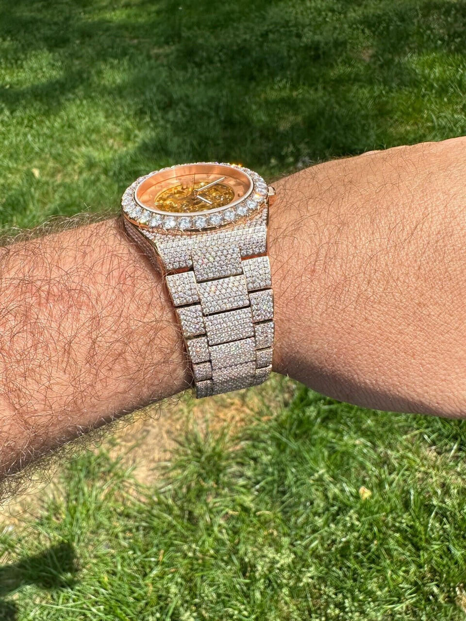 Hip Hop MOISSANITE Automatic Rose Gold Skeleton Watch Mens Real Iced Hip Hop PassTester