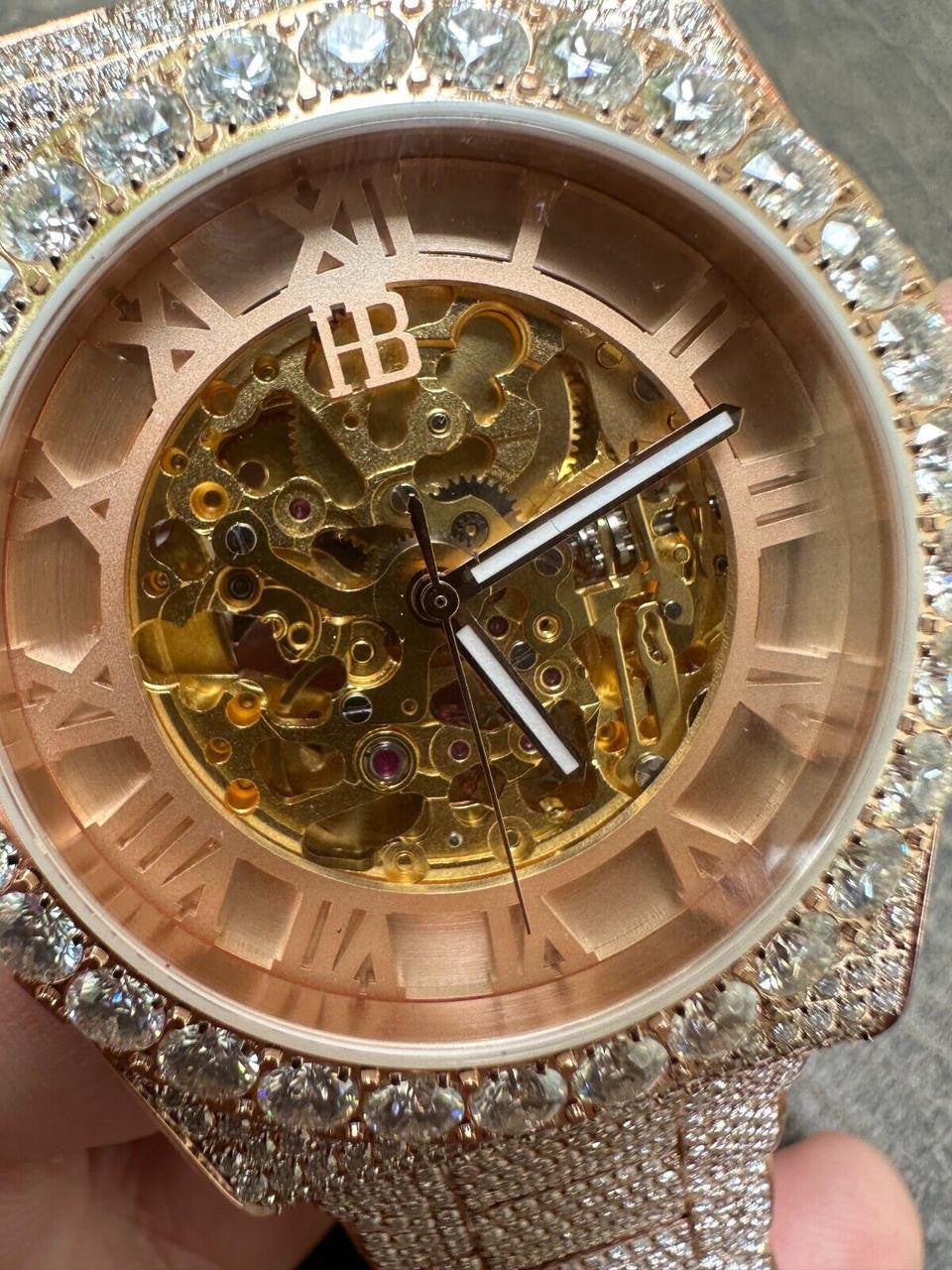 Hip Hop MOISSANITE Automatic Rose Gold Skeleton Watch Mens Real Iced Hip Hop PassTester