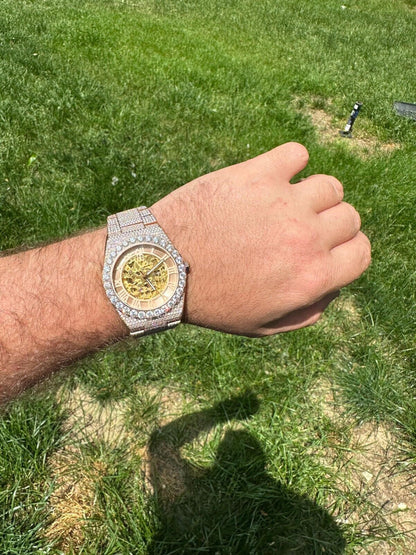 Hip Hop MOISSANITE Automatic Rose Gold Skeleton Watch Mens Real Iced Hip Hop PassTester