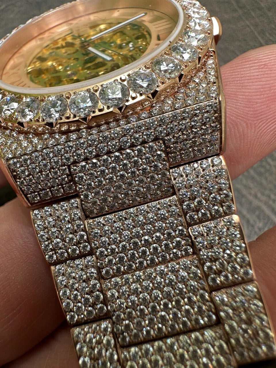 Hip Hop MOISSANITE Automatic Rose Gold Skeleton Watch Mens Real Iced Hip Hop PassTester