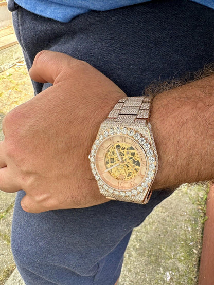 Hip Hop MOISSANITE Automatic Rose Gold Skeleton Watch Mens Real Iced Hip Hop PassTester