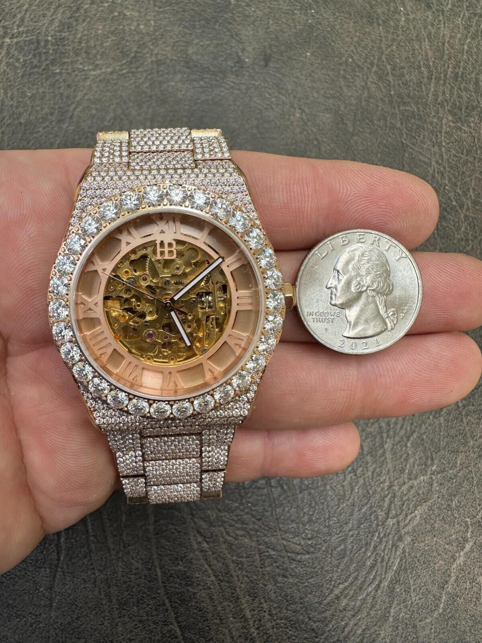 Hip Hop MOISSANITE Automatic Rose Gold Skeleton Watch Mens Real Iced Hip Hop PassTester