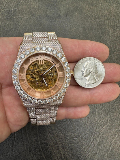 Hip Hop MOISSANITE Automatic Rose Gold Skeleton Watch Mens Real Iced Hip Hop PassTester