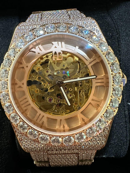Hip Hop MOISSANITE Automatic Rose Gold Skeleton Watch Mens Real Iced Hip Hop PassTester