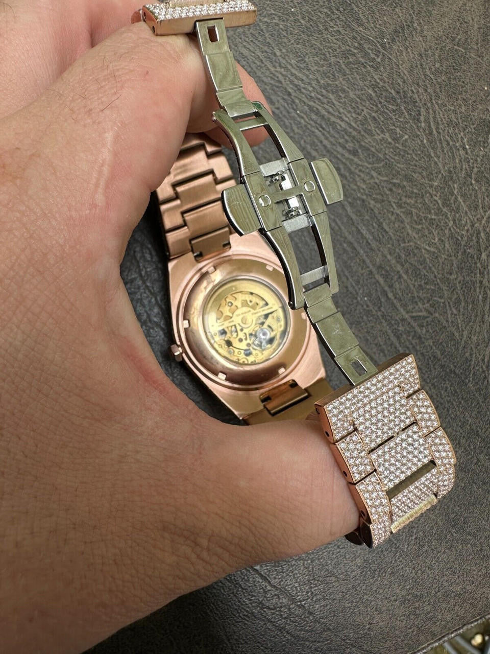 Hip Hop MOISSANITE Automatic Rose Gold Skeleton Watch Mens Real Iced Hip Hop PassTester