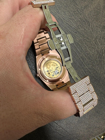 Hip Hop MOISSANITE Automatic Rose Gold Skeleton Watch Mens Real Iced Hip Hop PassTester