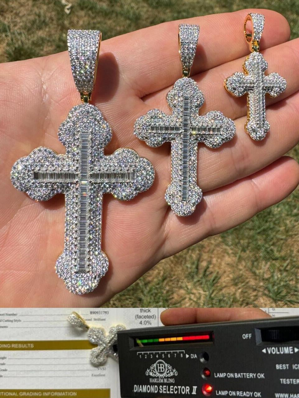 Moissanite Iced Gothic Baguette Cross Pendant 14k Gold Over 925
