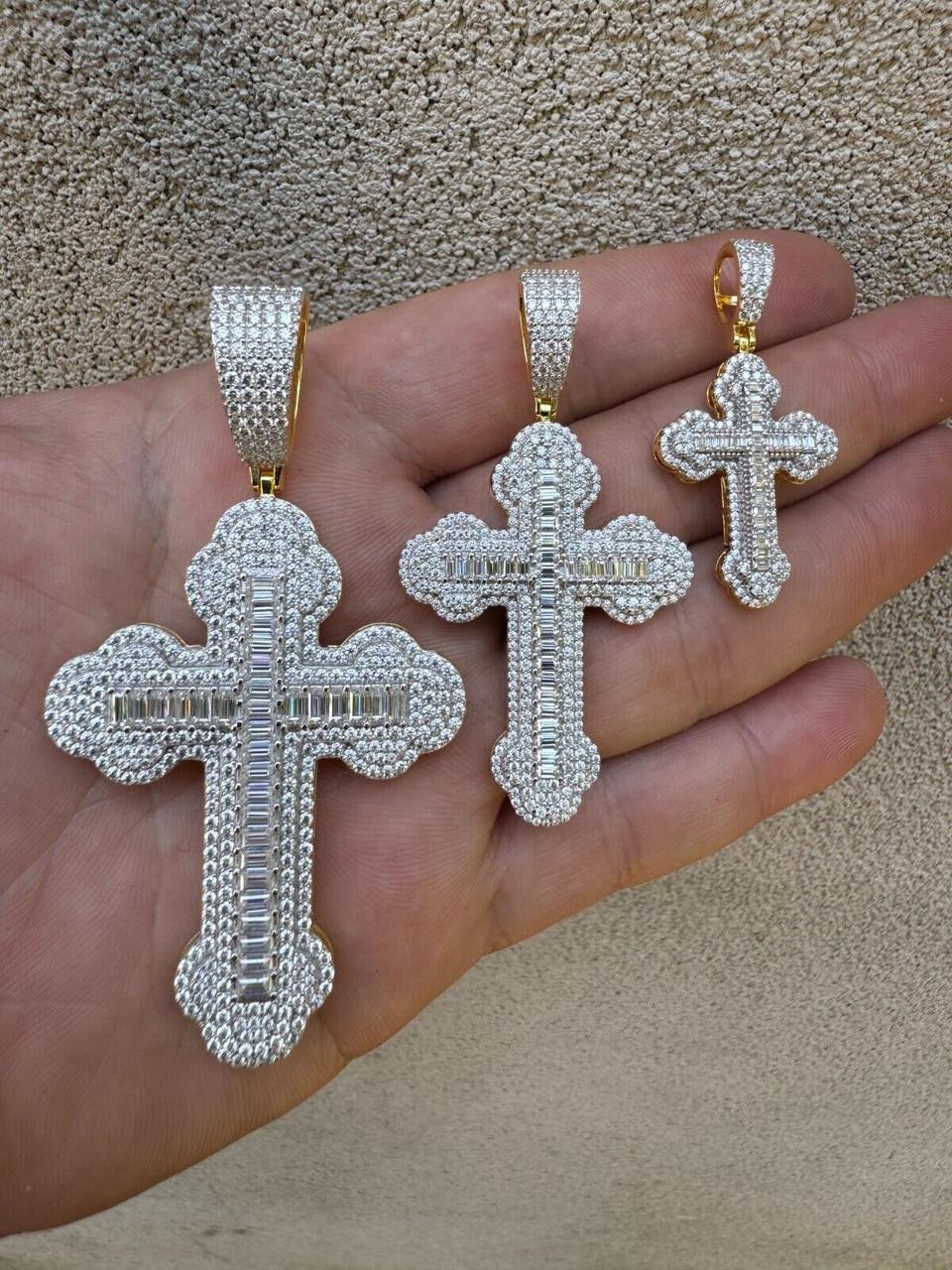 Moissanite Iced Gothic Baguette Cross Pendant 14k Gold Over 925