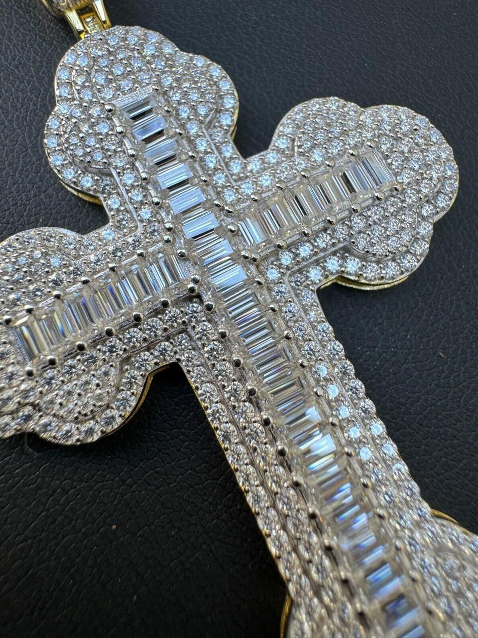 Moissanite Iced Gothic Baguette Cross Pendant 14k Gold Over 925