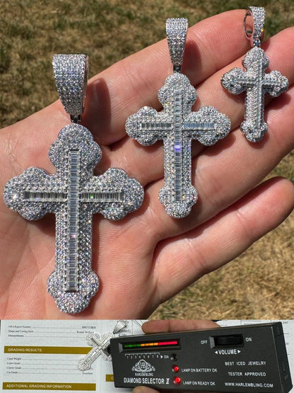 Hip Hop MOISSANITE Baguette Gothic Iced Out Cross Pendant - 925 Silver - 3 Sizes 1.5"-3"