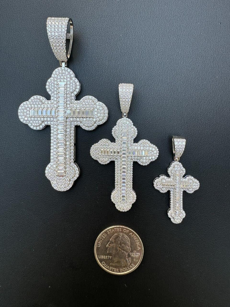 Hip Hop MOISSANITE Baguette Gothic Iced Out Cross Pendant - 925 Silver - 3 Sizes 1.5"-3"