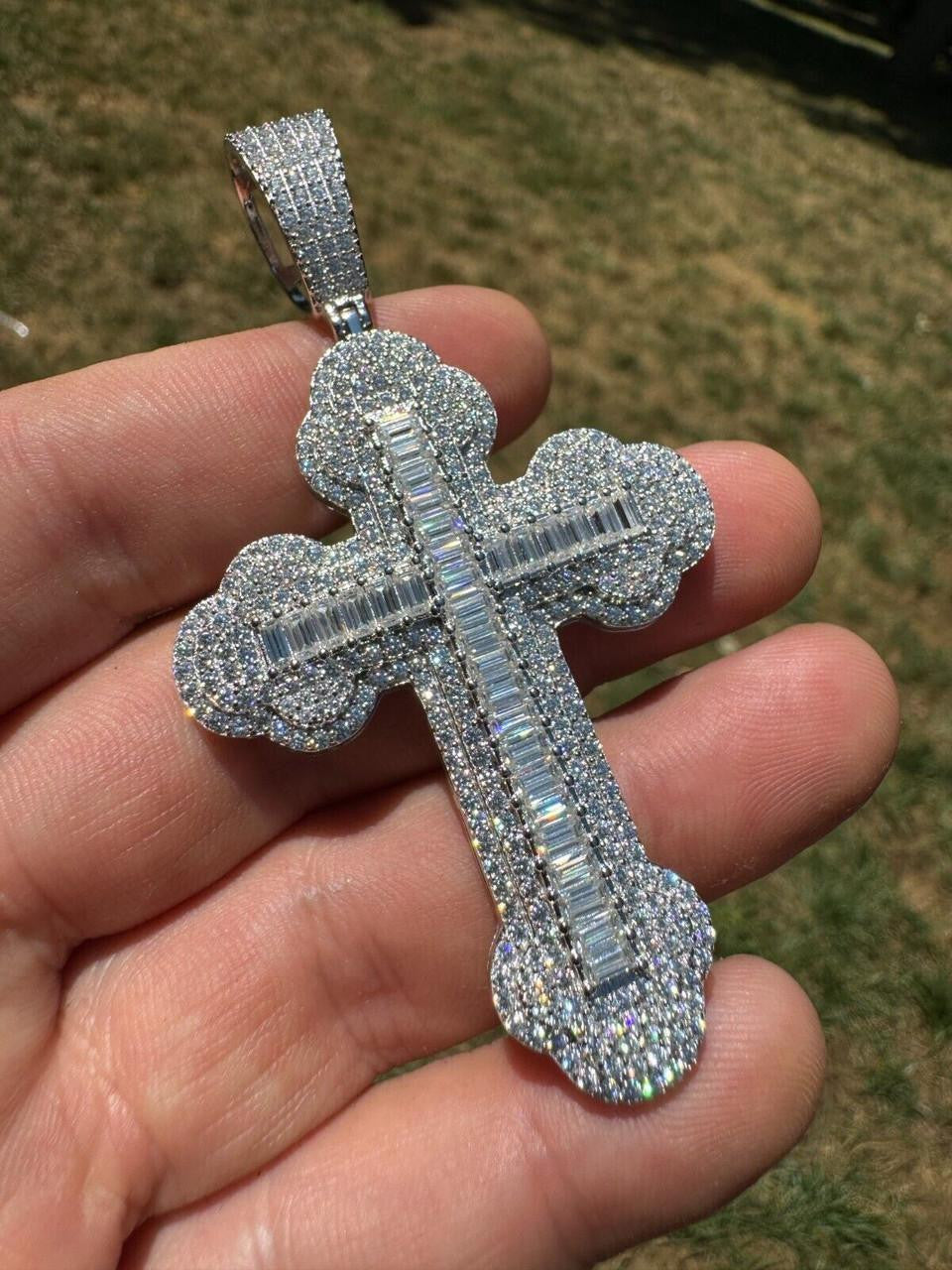Baguette Gothic Iced Out Cross Pendant - 925 Silver - CZ Stones