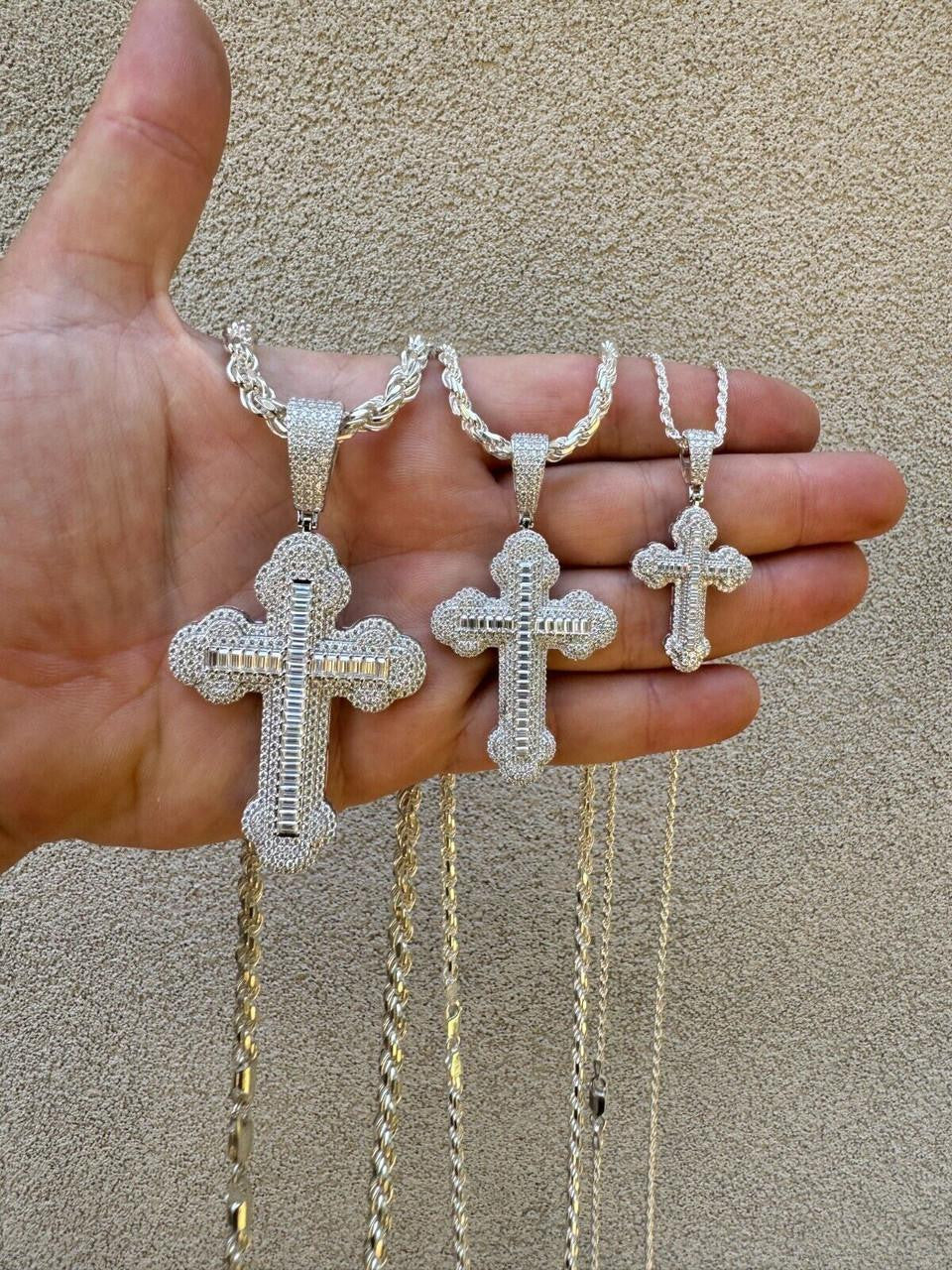 Hip Hop MOISSANITE Baguette Gothic Iced Out Cross Pendant - 925 Silver - 3 Sizes 1.5"-3"