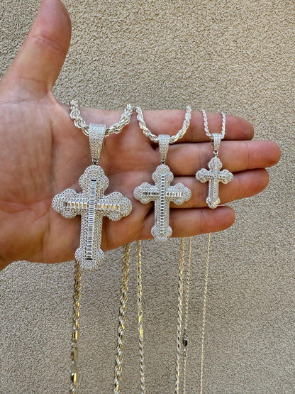 Hip Hop MOISSANITE Baguette Gothic Iced Out Cross Pendant - 925 Silver - 3 Sizes 1.5"-3"