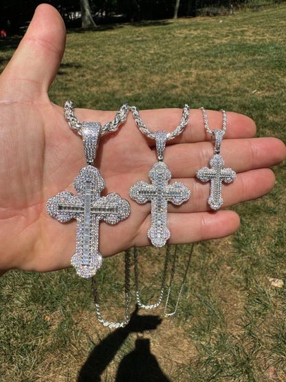 Hip Hop MOISSANITE Baguette Gothic Iced Out Cross Pendant - 925 Silver - 3 Sizes 1.5"-3"