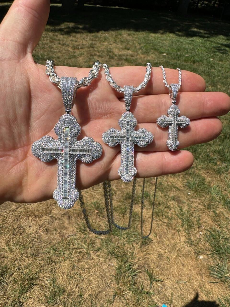 Hip Hop MOISSANITE Baguette Gothic Iced Out Cross Pendant - 925 Silver - 3 Sizes 1.5"-3"