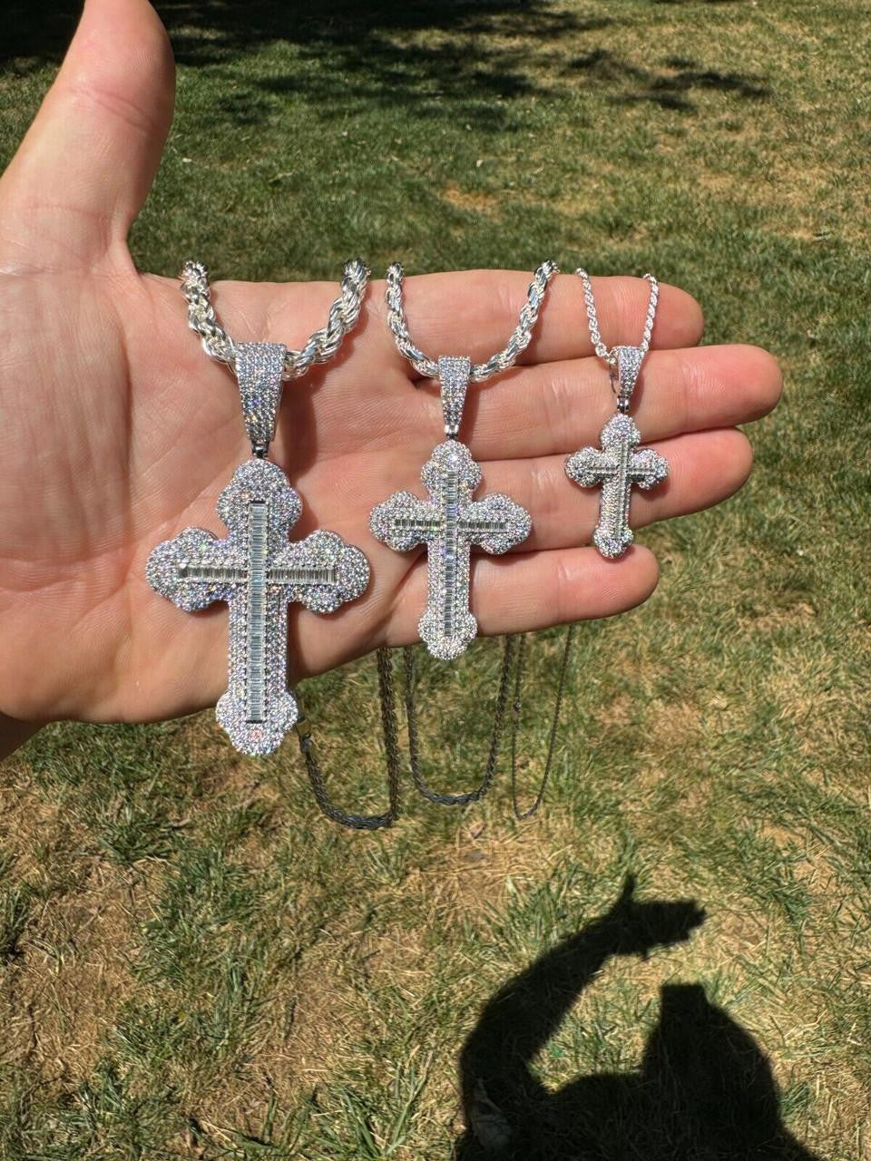 Hip Hop MOISSANITE Baguette Gothic Iced Out Cross Pendant - 925 Silver - 3 Sizes 1.5"-3"