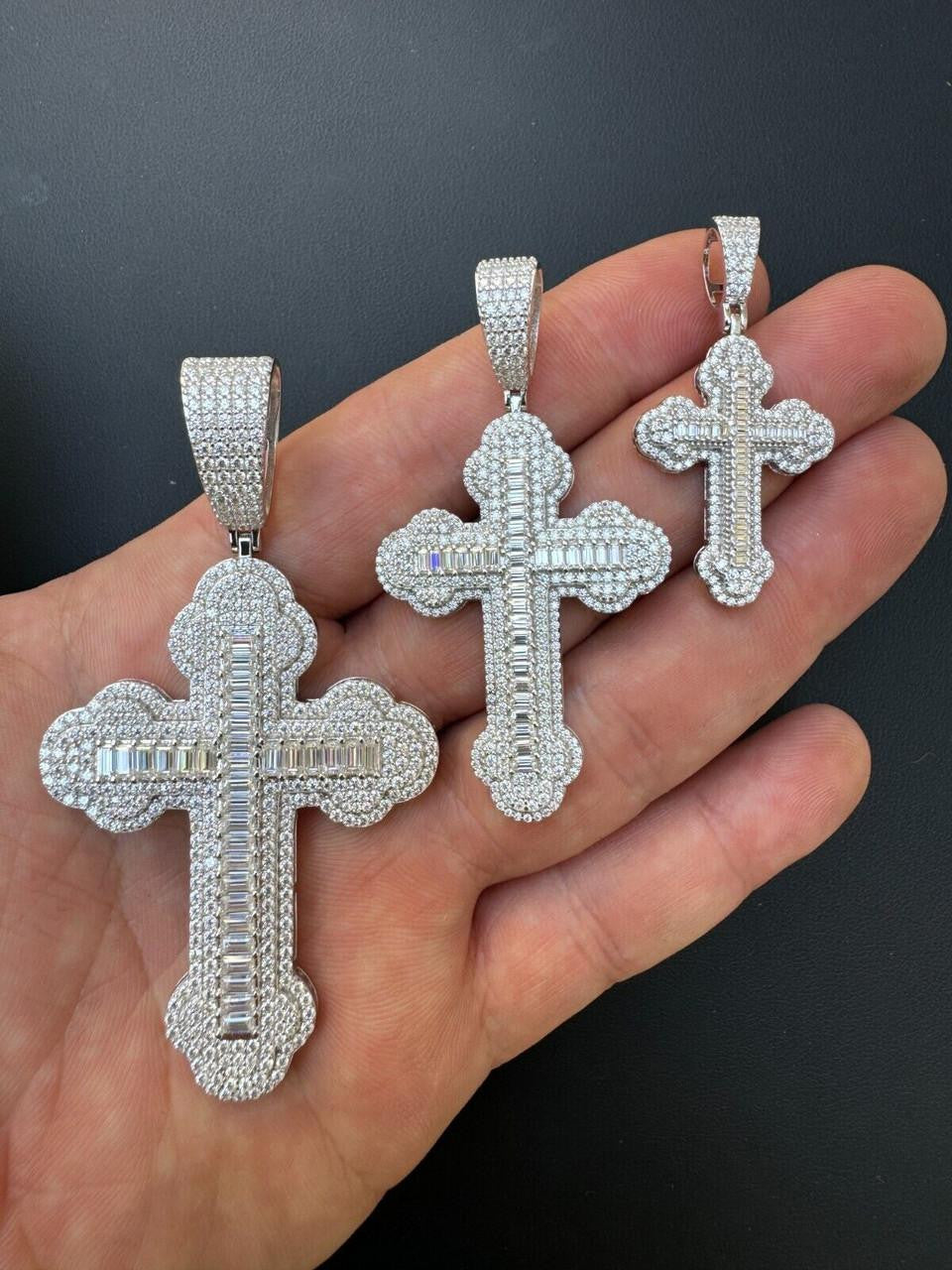 Hip Hop MOISSANITE Baguette Gothic Iced Out Cross Pendant - 925 Silver - 3 Sizes 1.5"-3"