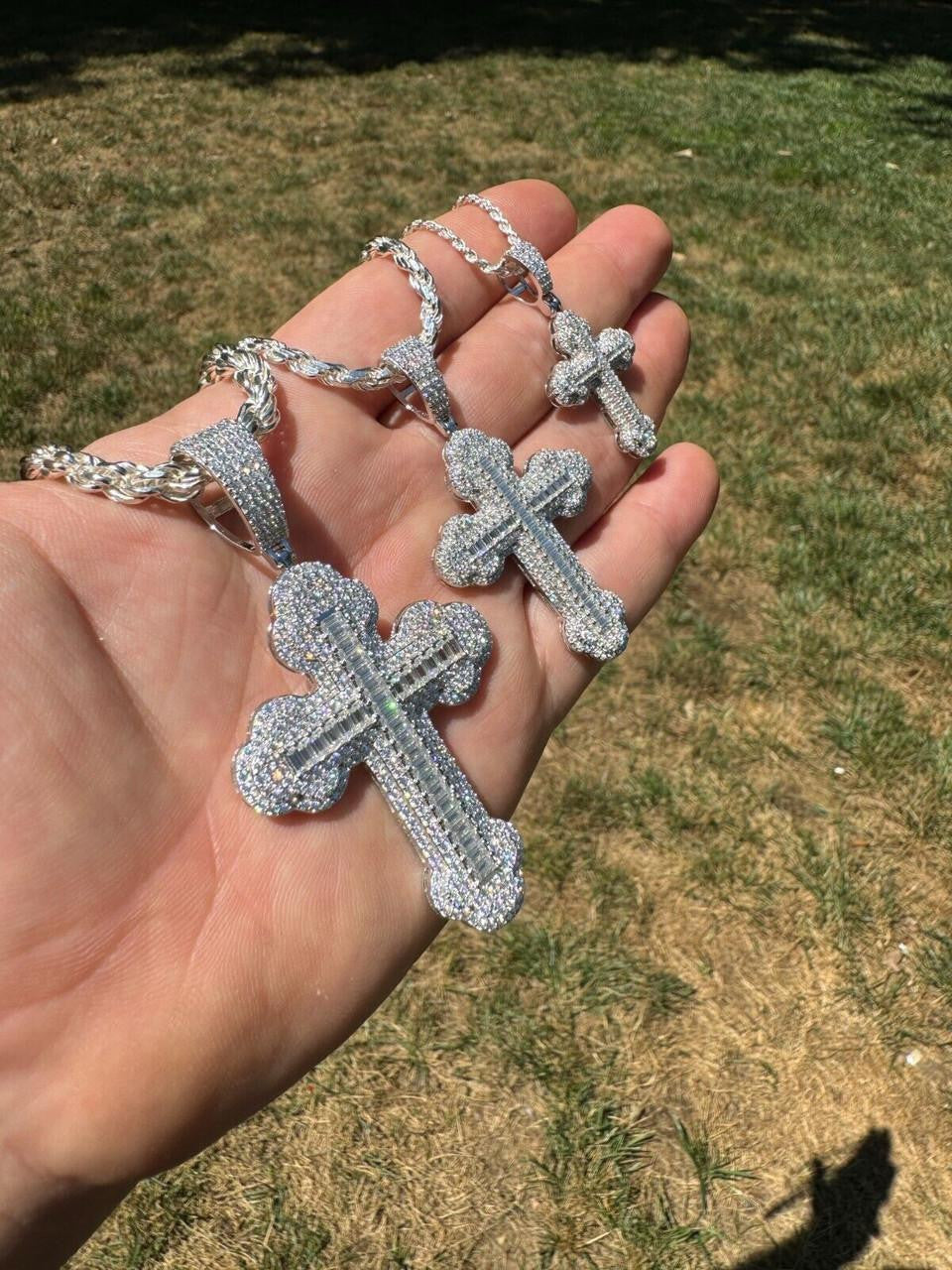 Hip Hop MOISSANITE Baguette Gothic Iced Out Cross Pendant - 925 Silver - 3 Sizes 1.5"-3"