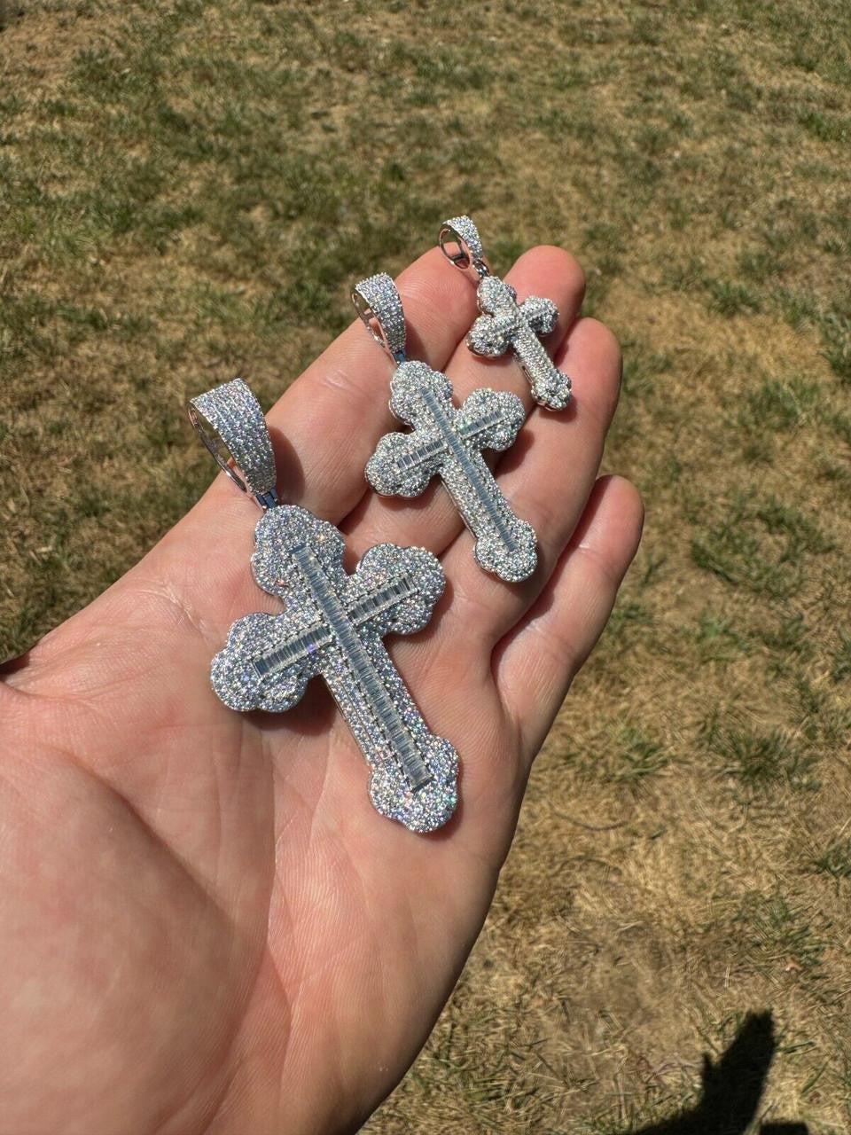 Hip Hop MOISSANITE Baguette Gothic Iced Out Cross Pendant - 925 Silver - 3 Sizes 1.5"-3"