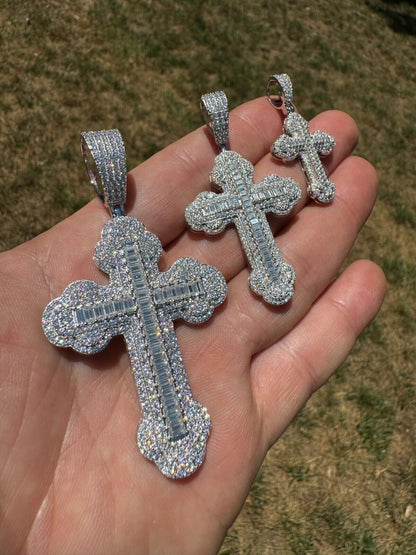Hip Hop MOISSANITE Baguette Gothic Iced Out Cross Pendant - 925 Silver - 3 Sizes 1.5"-3"