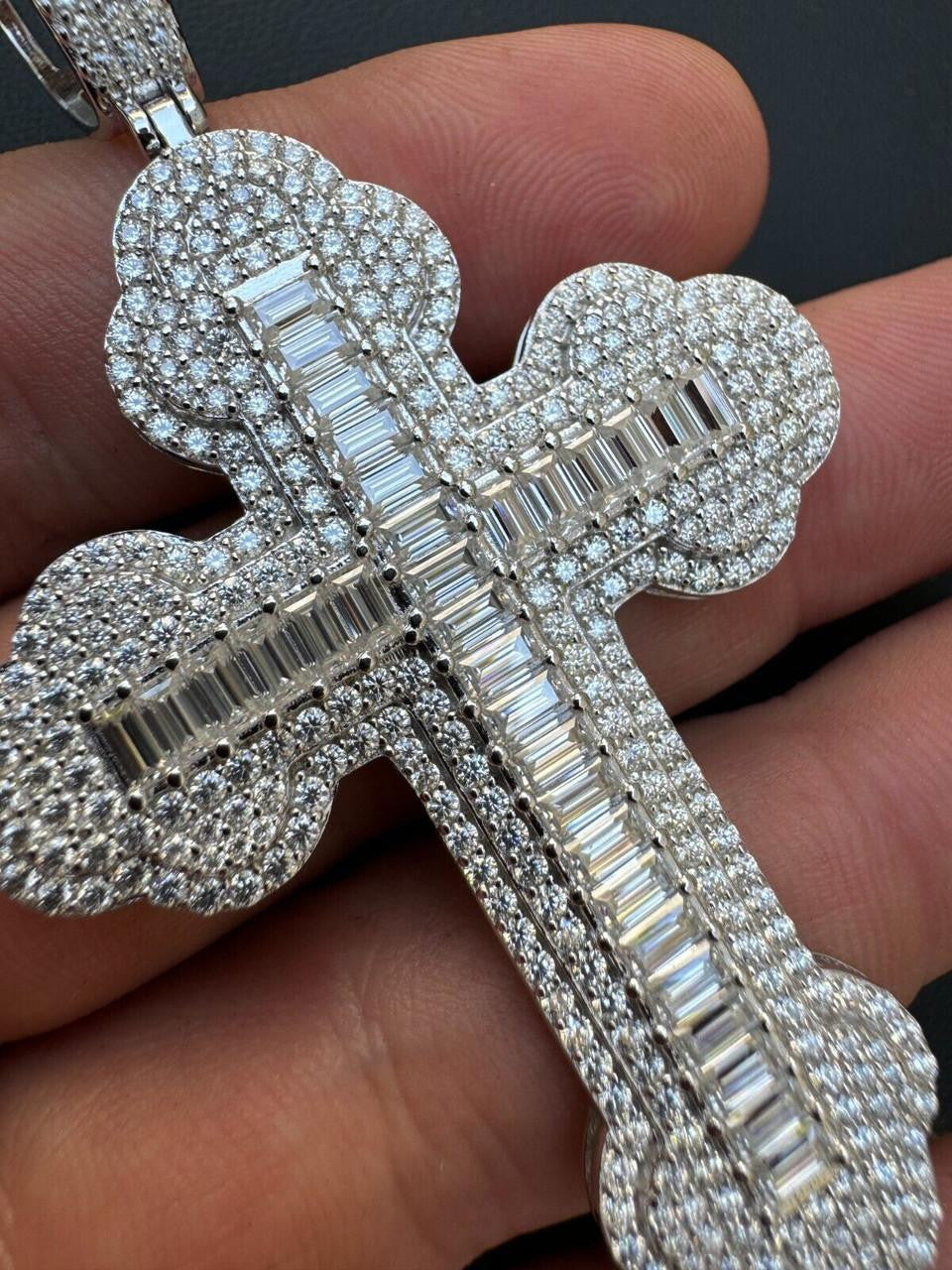 Hip Hop MOISSANITE Baguette Gothic Iced Out Cross Pendant - 925 Silver - 3 Sizes 1.5"-3"