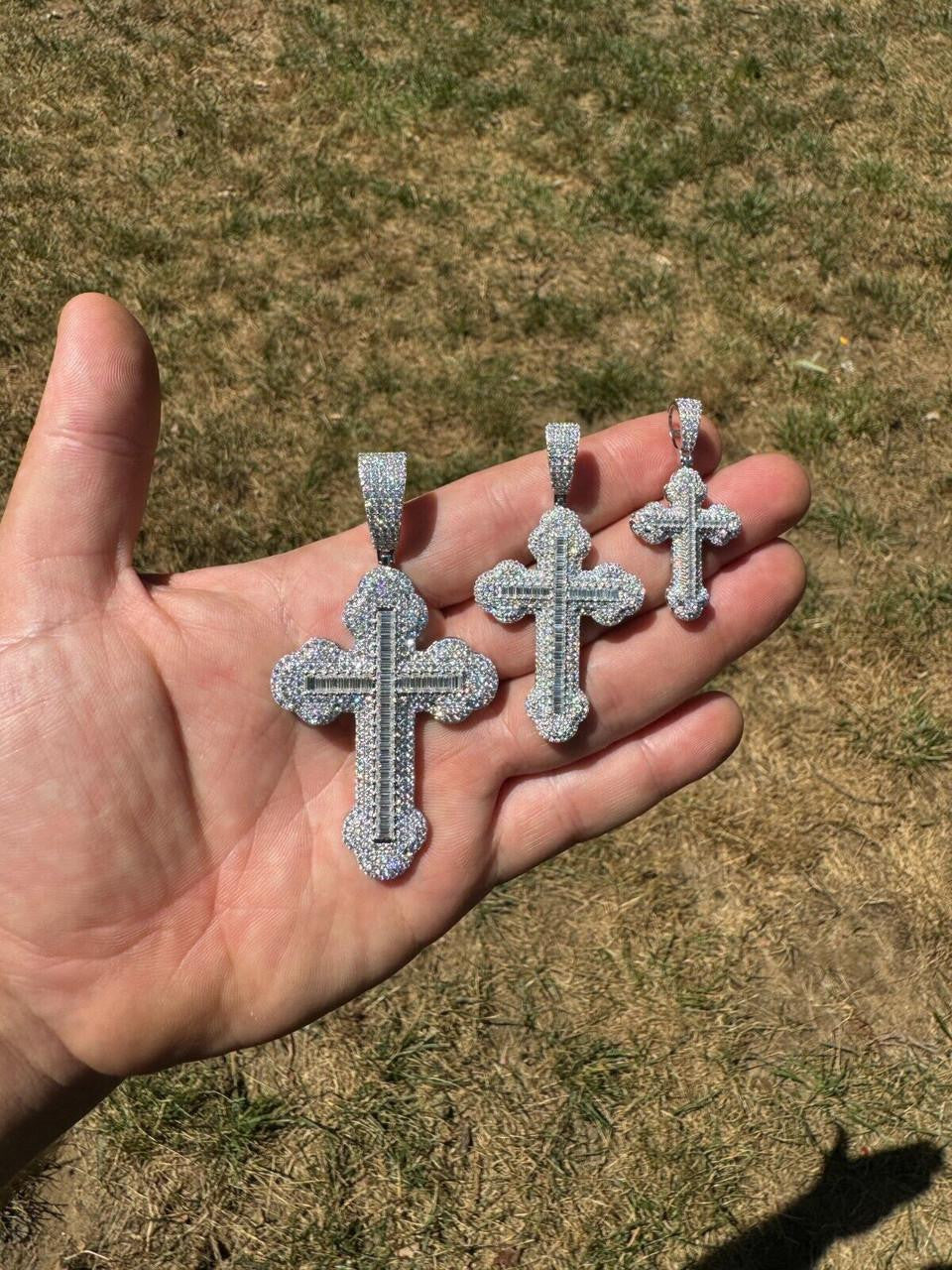 Hip Hop MOISSANITE Baguette Gothic Iced Out Cross Pendant - 925 Silver - 3 Sizes 1.5"-3"