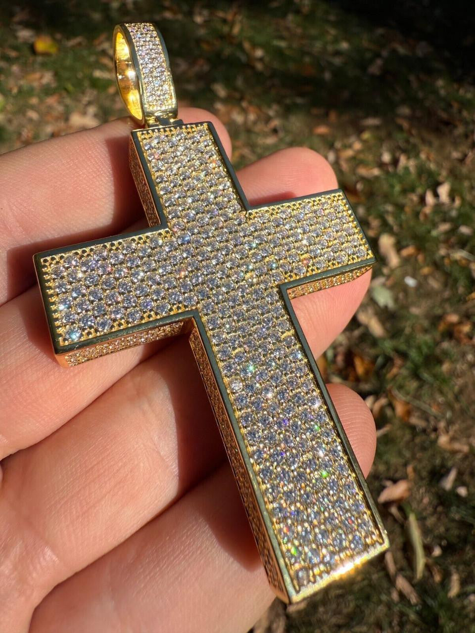 Hip Hop MOISSANITE Boss From All Sides 3D Iced Out Cross Pendant - 14k Gold Vermeil 925 Silver - 3 Sizes 1.25"-3.5"