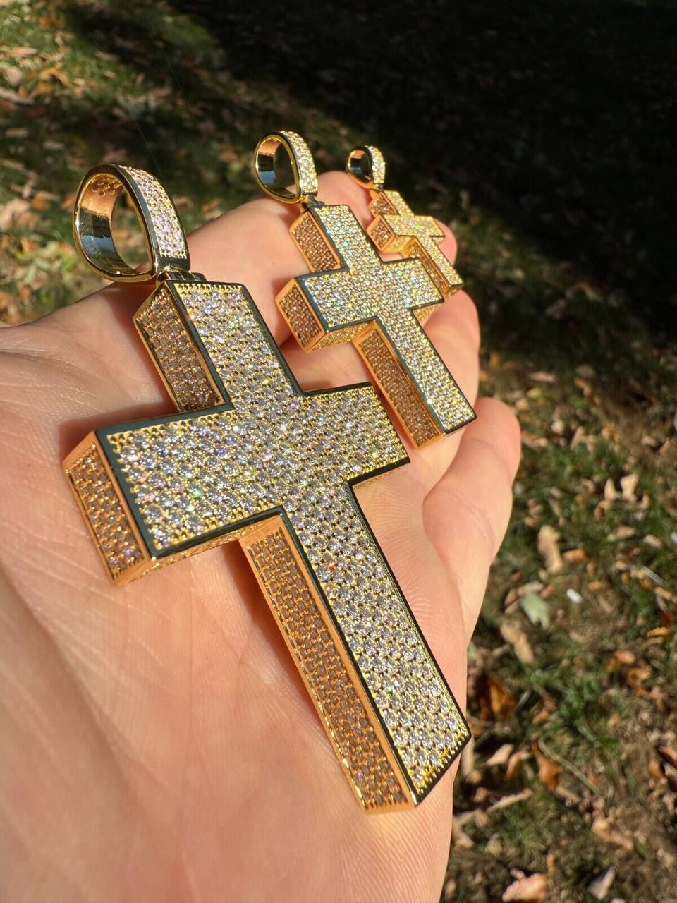 Hip Hop MOISSANITE Boss From All Sides 3D Iced Out Cross Pendant - 14k Gold Vermeil 925 Silver - 3 Sizes 1.25"-3.5"