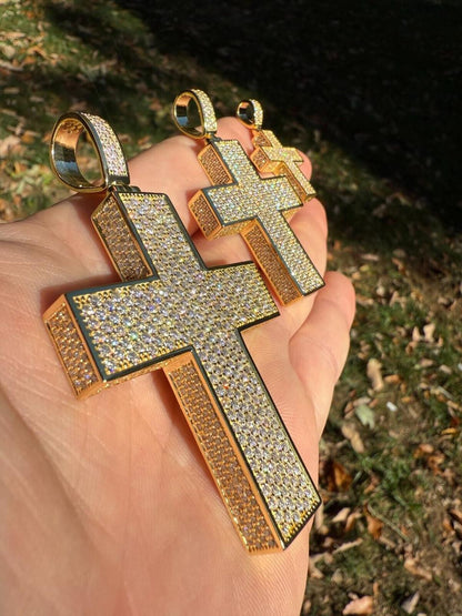 Hip Hop MOISSANITE Boss From All Sides 3D Iced Out Cross Pendant - 14k Gold Vermeil 925 Silver - 3 Sizes 1.25"-3.5"