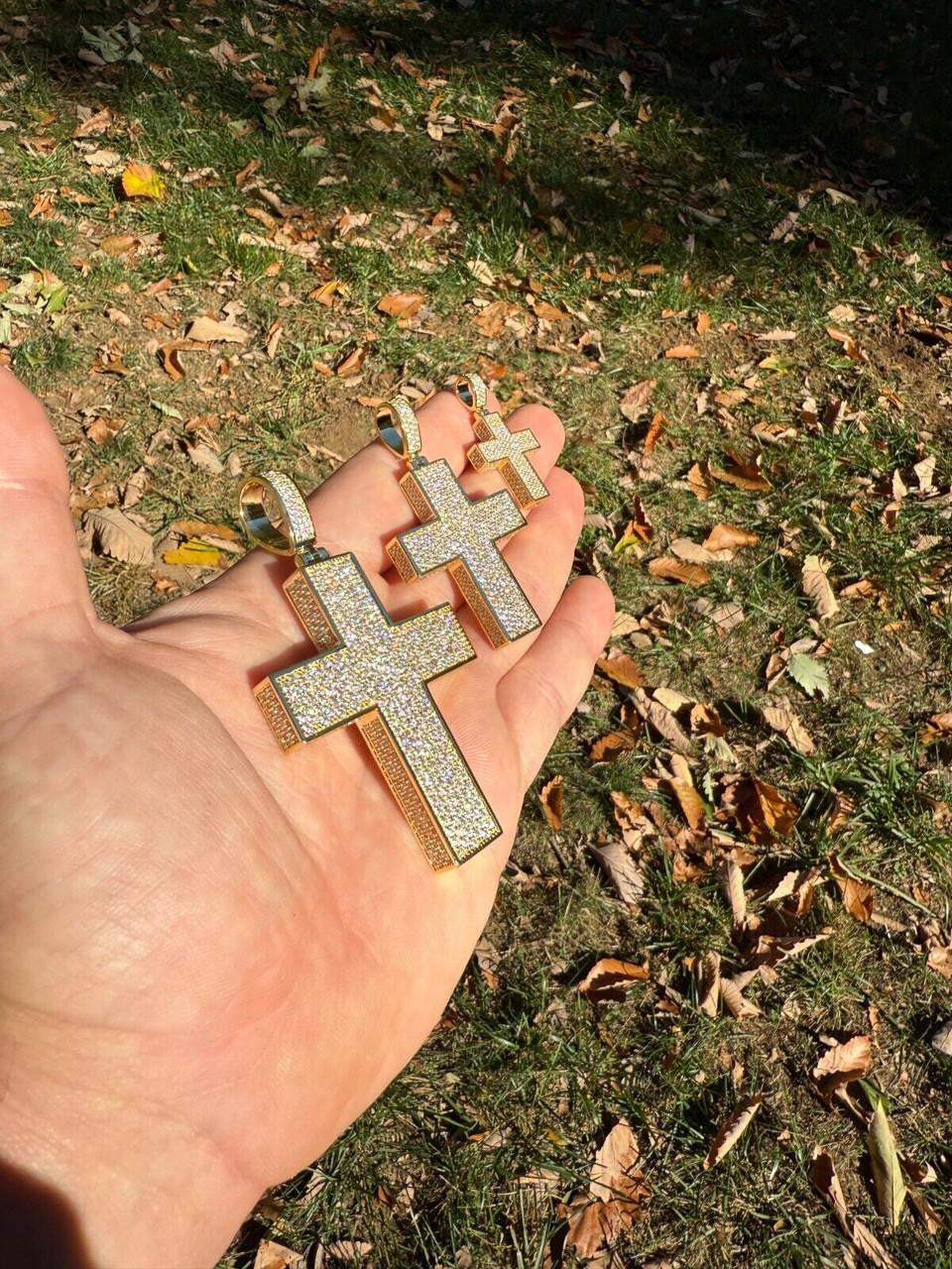 Hip Hop MOISSANITE Boss From All Sides 3D Iced Out Cross Pendant - 14k Gold Vermeil 925 Silver - 3 Sizes 1.25"-3.5"