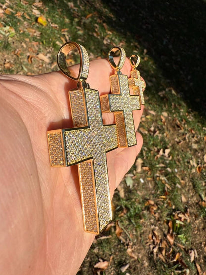 Hip Hop MOISSANITE Boss From All Sides 3D Iced Out Cross Pendant - 14k Gold Vermeil 925 Silver - 3 Sizes 1.25"-3.5"
